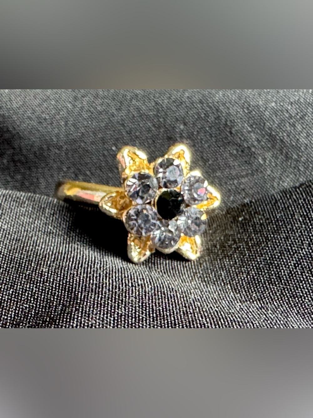 Gold Tone Flower Ring with Clear and Black Crystals - Women Jewelry Adjustable